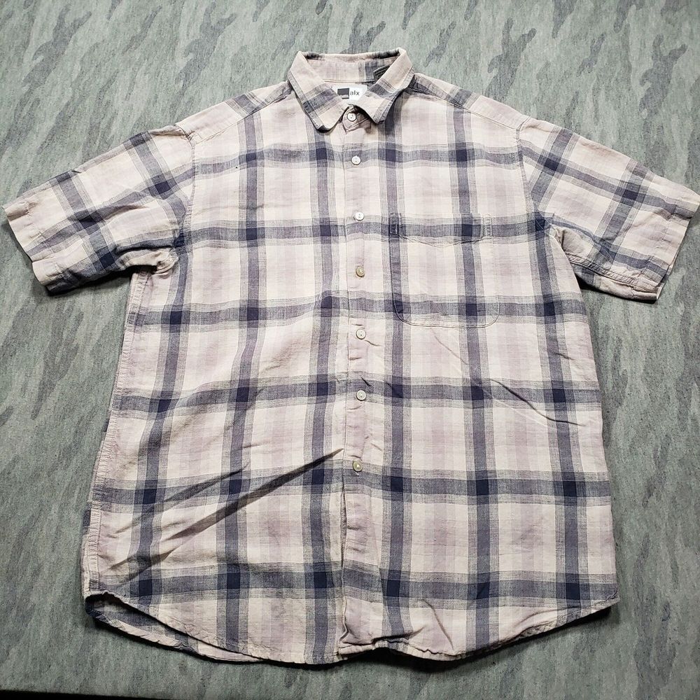 Studio Alx‎ Shirt Mens Medium Beige Blue Striped Linen Blend Short Sleeve Button